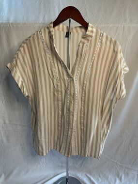 Striped Cream and Tan Button-Front Women's Top